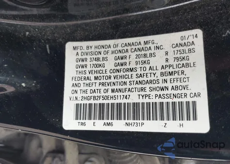 2014 Honda Civic Lx from USA, damaged, VIN 2HGFB2F50EH511747